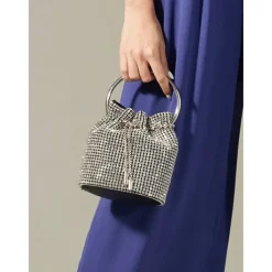 Women's Sparkling Silver Rhinestone Bucket Bag with Metal Ring Handle | Glamorous Accessory for Evening Parties and Special Occasions