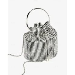 Women's Sparkling Silver Rhinestone Bucket Bag with Metal Ring Handle | Glamorous Accessory for Evening Parties and Special Occasions