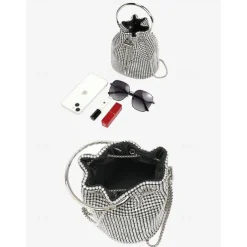 Women's Sparkling Silver Rhinestone Bucket Bag with Metal Ring Handle | Glamorous Accessory for Evening Parties and Special Occasions