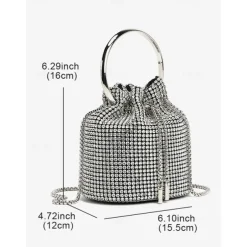 Women's Sparkling Silver Rhinestone Bucket Bag with Metal Ring Handle | Glamorous Accessory for Evening Parties and Special Occasions