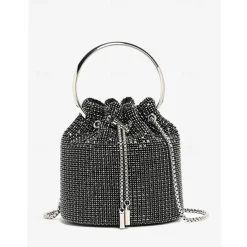 Women's Sparkling Silver Rhinestone Bucket Bag with Metal Ring Handle | Glamorous Accessory for Evening Parties and Special Occasions