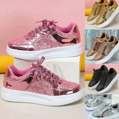 Women's Sparkly Pink Glitter Sneakers with Lace-Up Closure and Comfortable Sole - Perfect for Casual Wear and Parties