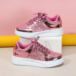 Women's Sparkly Pink Glitter Sneakers with Lace-Up Closure and Comfortable Sole - Perfect for Casual Wear and Parties