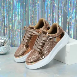 Women's Sparkly Pink Glitter Sneakers with Lace-Up Closure and Comfortable Sole - Perfect for Casual Wear and Parties