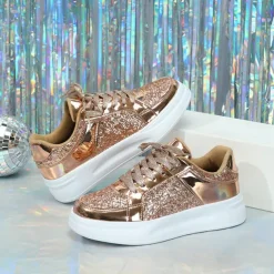 Women's Sparkly Pink Glitter Sneakers with Lace-Up Closure and Comfortable Sole - Perfect for Casual Wear and Parties