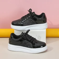 Women's Sparkly Pink Glitter Sneakers with Lace-Up Closure and Comfortable Sole - Perfect for Casual Wear and Parties