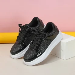 Women's Sparkly Pink Glitter Sneakers with Lace-Up Closure and Comfortable Sole - Perfect for Casual Wear and Parties