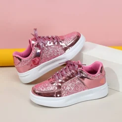 Women's Sparkly Pink Glitter Sneakers with Lace-Up Closure and Comfortable Sole - Perfect for Casual Wear and Parties
