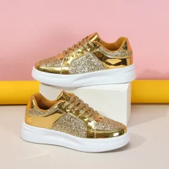 Women's Sparkly Pink Glitter Sneakers with Lace-Up Closure and Comfortable Sole - Perfect for Casual Wear and Parties