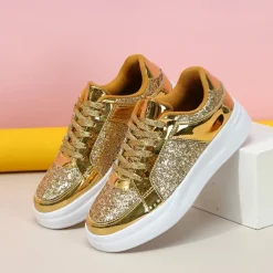 Women's Sparkly Pink Glitter Sneakers with Lace-Up Closure and Comfortable Sole - Perfect for Casual Wear and Parties