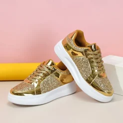 Women's Sparkly Pink Glitter Sneakers with Lace-Up Closure and Comfortable Sole - Perfect for Casual Wear and Parties