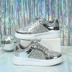 Women's Sparkly Pink Glitter Sneakers with Lace-Up Closure and Comfortable Sole - Perfect for Casual Wear and Parties