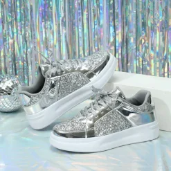 Women's Sparkly Pink Glitter Sneakers with Lace-Up Closure and Comfortable Sole - Perfect for Casual Wear and Parties