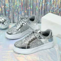 Women's Sparkly Pink Glitter Sneakers with Lace-Up Closure and Comfortable Sole - Perfect for Casual Wear and Parties