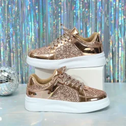 Women's Sparkly Pink Glitter Sneakers with Lace-Up Closure and Comfortable Sole - Perfect for Casual Wear and Parties