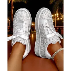 Women's Sparkly Rhinestone Lace-Up Sneakers - Glamorous Casual Party Shoes for Nightlife, Clubbing and Evening Events