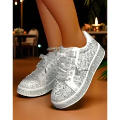 Women's Sparkly Rhinestone Lace-Up Sneakers - Glamorous Casual Party Shoes for Nightlife, Clubbing and Evening Events