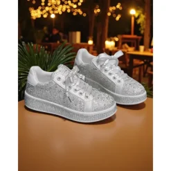 Women's Sparkly Rhinestone Lace-Up Sneakers - Glamorous Casual Party Shoes for Nightlife, Clubbing and Evening Events