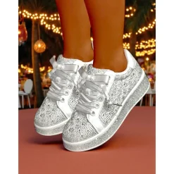Women's Sparkly Rhinestone Lace-Up Sneakers - Glamorous Casual Party Shoes for Nightlife, Clubbing and Evening Events