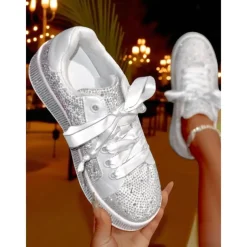Women's Sparkly Rhinestone Lace-Up Sneakers - Glamorous Casual Party Shoes for Nightlife, Clubbing and Evening Events