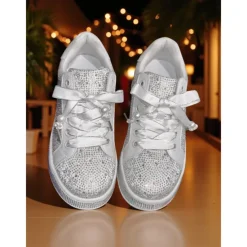 Women's Sparkly Rhinestone Lace-Up Sneakers - Glamorous Casual Party Shoes for Nightlife, Clubbing and Evening Events