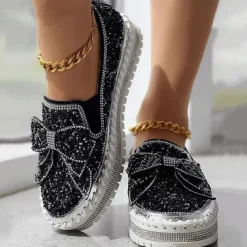 Women's Sparkly Rhinestone Slip-On Sneakers – Glitter Bow Platform Loafers for Party, Casual & Streetwear Fashion