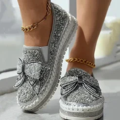 Women's Sparkly Rhinestone Slip-On Sneakers – Glitter Bow Platform Loafers for Party, Casual & Streetwear Fashion