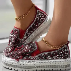 Women's Sparkly Rhinestone Slip-On Sneakers – Glitter Bow Platform Loafers for Party, Casual & Streetwear Fashion