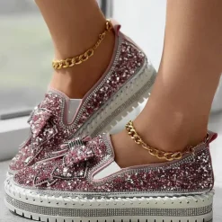 Women's Sparkly Rhinestone Slip-On Sneakers – Glitter Bow Platform Loafers for Party, Casual & Streetwear Fashion