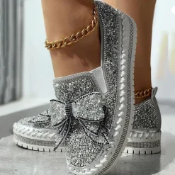 Women's Sparkly Rhinestone Slip-On Sneakers – Glitter Bow Platform Loafers for Party, Casual & Streetwear Fashion