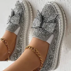 Women's Sparkly Rhinestone Slip-On Sneakers – Glitter Bow Platform Loafers for Party, Casual & Streetwear Fashion