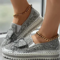 Women's Sparkly Rhinestone Slip-On Sneakers – Glitter Bow Platform Loafers for Party, Casual & Streetwear Fashion