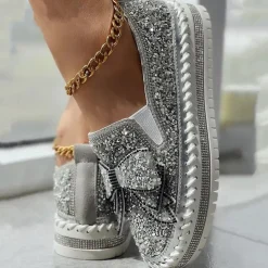 Women's Sparkly Rhinestone Slip-On Sneakers – Glitter Bow Platform Loafers for Party, Casual & Streetwear Fashion