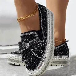 Women's Sparkly Rhinestone Slip-On Sneakers – Glitter Bow Platform Loafers for Party, Casual & Streetwear Fashion