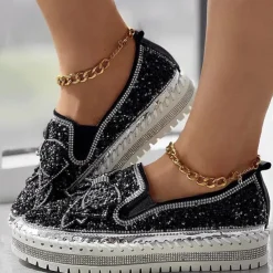 Women's Sparkly Rhinestone Slip-On Sneakers – Glitter Bow Platform Loafers for Party, Casual & Streetwear Fashion