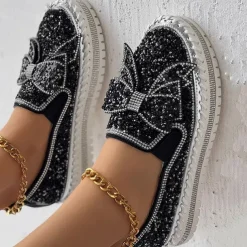 Women's Sparkly Rhinestone Slip-On Sneakers – Glitter Bow Platform Loafers for Party, Casual & Streetwear Fashion