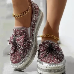 Women's Sparkly Rhinestone Slip-On Sneakers – Glitter Bow Platform Loafers for Party, Casual & Streetwear Fashion