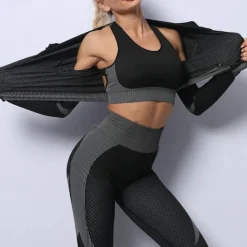 Women's Sports Bra with Tights Yoga Set 3-Piece Color Block Athletic Clothing Set Clothing Suit Black Pink Yoga Fitness Gym Workout High Waist Breathable Soft Long Sleeve Sport Activewear