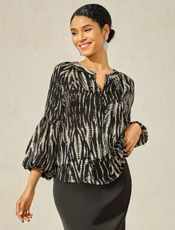 Women's Spotted Print Chiffon Shirt Lantern Sleeve Notched Collar Buttoned Blouse