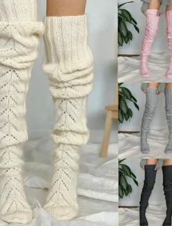 Women's Stockings Thigh-High Crimping Socks Winter Tights Thermal Warm High Elasticity Hole Winter Black Pink Grey One-Size