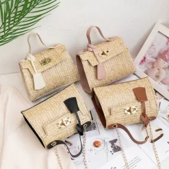 Women's Straw Top Handle Bag – Woven Summer Handbag with Gold Chain Strap & Turn-Lock Closure for Beach, Vacation & Casual Outings