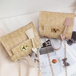 Women's Straw Top Handle Bag – Woven Summer Handbag with Gold Chain Strap & Turn-Lock Closure for Beach, Vacation & Casual Outings