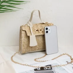 Women's Straw Top Handle Bag – Woven Summer Handbag with Gold Chain Strap & Turn-Lock Closure for Beach, Vacation & Casual Outings