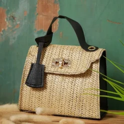 Women's Straw Top Handle Bag – Woven Summer Handbag with Gold Chain Strap & Turn-Lock Closure for Beach, Vacation & Casual Outings