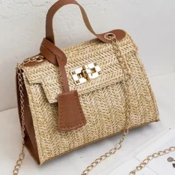 Women's Straw Top Handle Bag – Woven Summer Handbag with Gold Chain Strap & Turn-Lock Closure for Beach, Vacation & Casual Outings