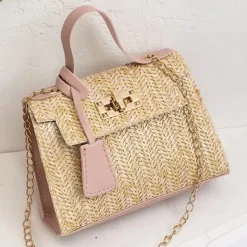 Women's Straw Top Handle Bag – Woven Summer Handbag with Gold Chain Strap & Turn-Lock Closure for Beach, Vacation & Casual Outings