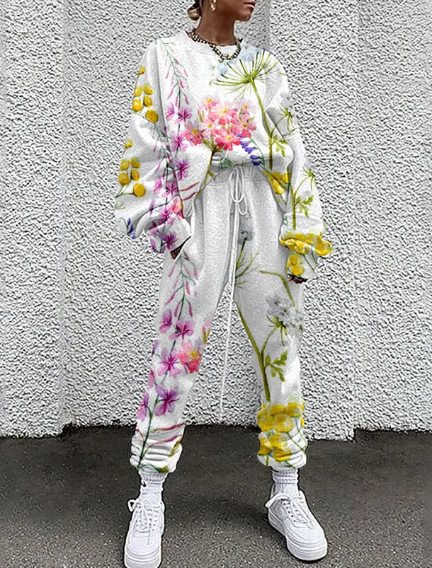Women's Streetwear Basic T Shirt Tracksuit Pants Sets Long Sleeve Crew Neck Floral Drawstring Print Vacation Casual Daily White Yellow Red Fall & Winter Loose Fit