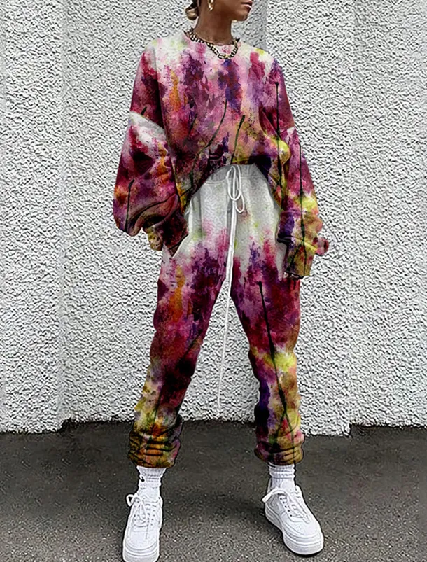 Women's Streetwear Basic T Shirt Tracksuit Pants Sets Long Sleeve Crew Neck Floral Drawstring Print Vacation Casual Daily White Yellow Red Fall & Winter Loose Fit