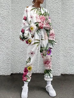 Women's Streetwear Basic T Shirt Tracksuit Pants Sets Long Sleeve Crew Neck Floral Drawstring Print Vacation Casual Daily White Yellow Red Fall & Winter Loose Fit