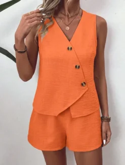 Women's Streetwear Daily Blouse Shorts Sets Sleeveless V Neck Solid Color Dubbele Rij Knopen Outdoor Vacation Light Green Dark Navy Orange Summer Regular Fit